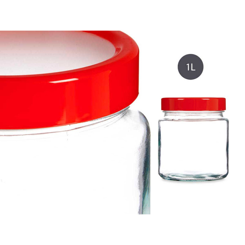 FRASCO VIDRO 1L TRANSPARENTE TAMPA VERMELHA