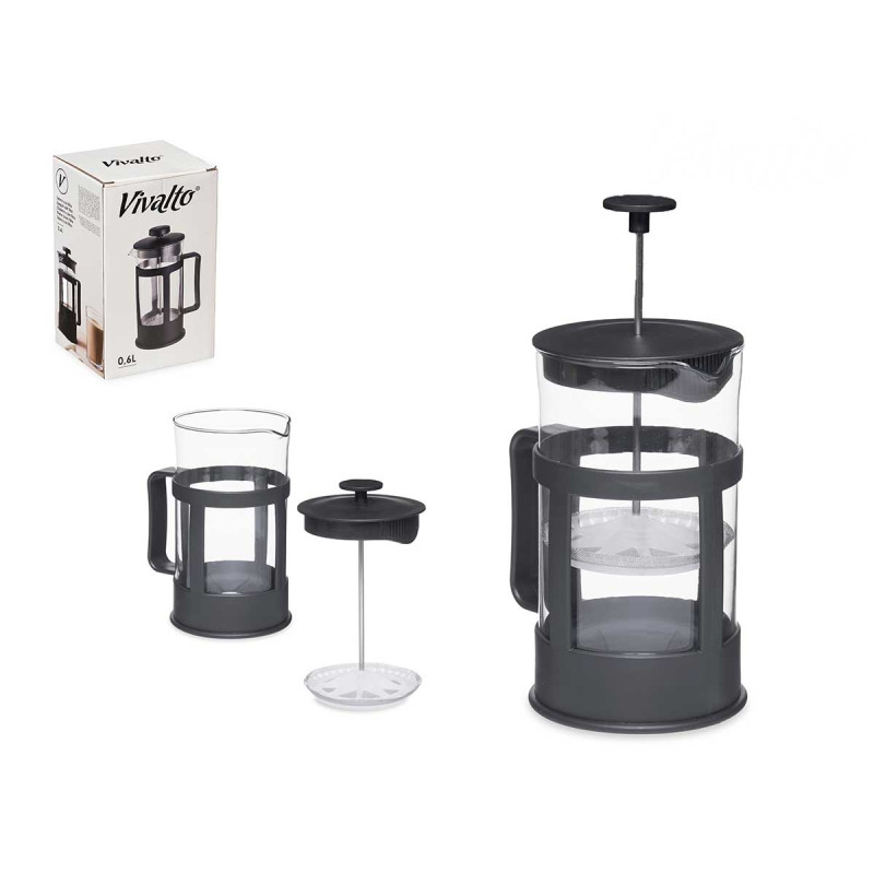 PLASTIC GLASS TEAPOT WITH PLUNGER 600ML