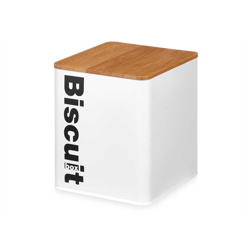 POT MÉTAL CARRÉ BISCUIT BLANC COUVERCLE EN BAMBOU