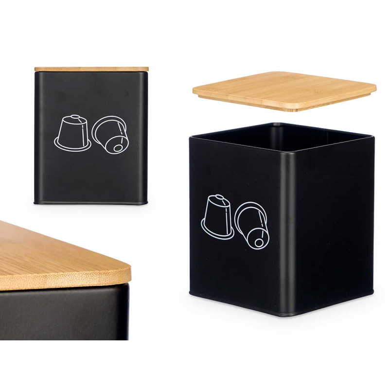 POT CARRÉ POUR CAPSULES COUVERCLE BAMBOU NOIR