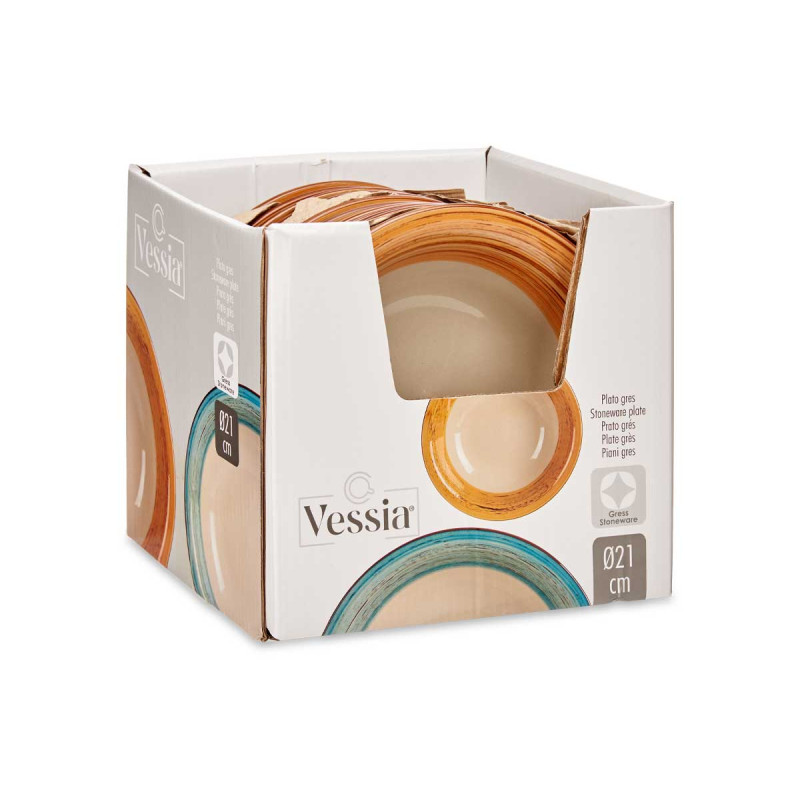 ASSIETTE CREUSE GRES BANDE 3D  MARRON 21CM
