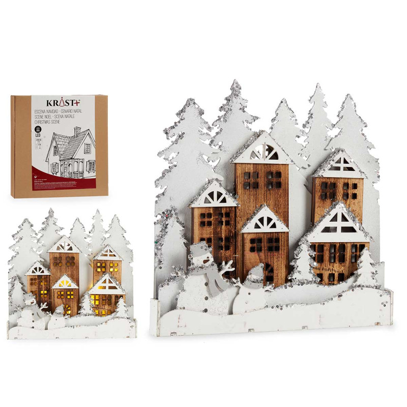 WHITE WOOD VILLAGE SNOWMAN WITH GLITTER AND LIGHT 
