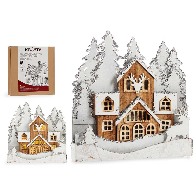 PAESE LEGNO BIANCO CON RENNA E BRILLANTINI C/LUCE