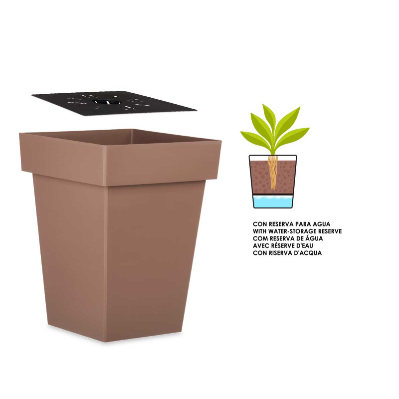 POT CARRÉ BRUN AVEC RÉSERVE D'EAU 40CM 