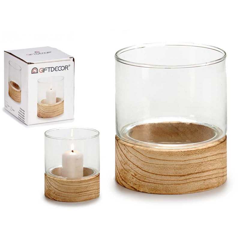PORTACANDELE VETRO BASE LEGNO ROT PICC