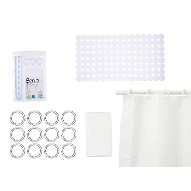 SET BAÑO CORTINA PEVA Y ALFOMBRA DUCHA BLANCO