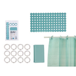 CONJ WC CORTINA PEVA E TAPETE DUCHE VERDE AZUL