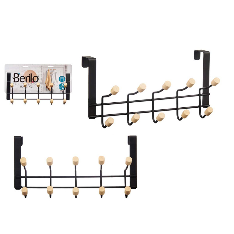 METAL HANGER 10 BLACK WOODEN HOOKS 