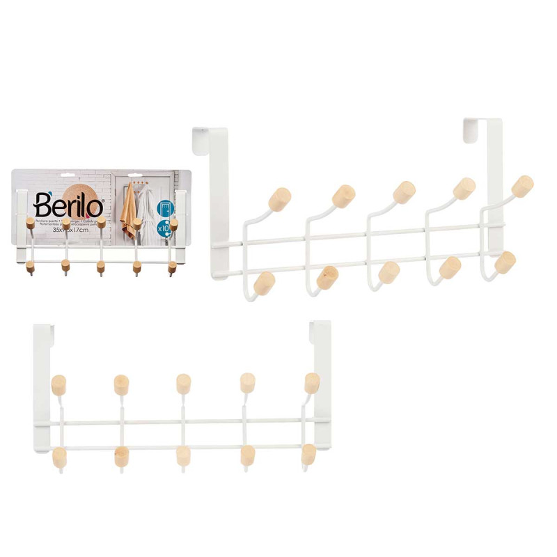 CABIDE DE PORTA EM METAL 10 GANCHOS MADEIRA BRANCO