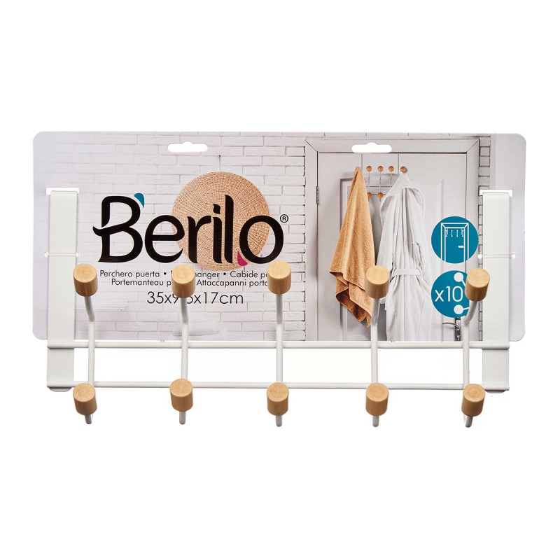 CABIDE DE PORTA EM METAL 10 GANCHOS MADEIRA BRANCO