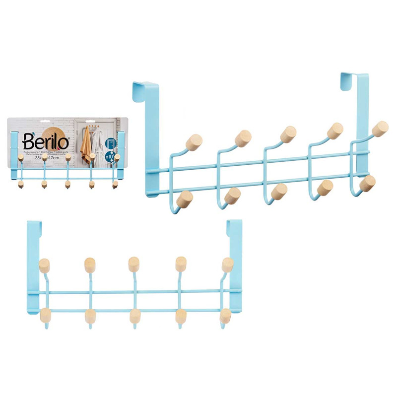 PERCHA METAL 10 GANCHOS MADERA AZUL