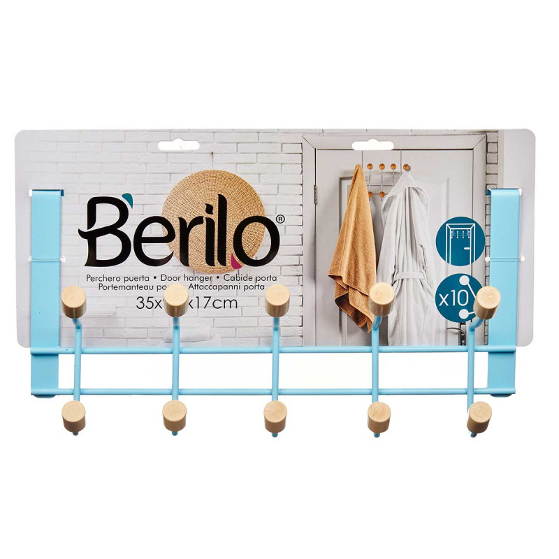 PERCHA METAL 10 GANCHOS MADERA AZUL