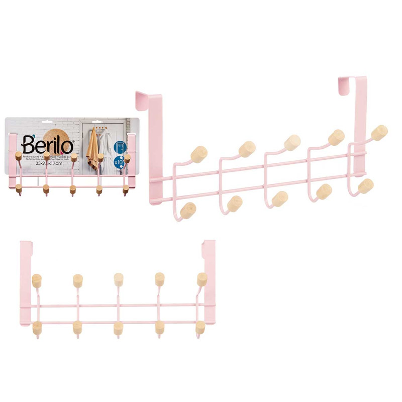 CABIDE DE PORTA EM METAL 10 GANCHOS MADEIRA ROSA