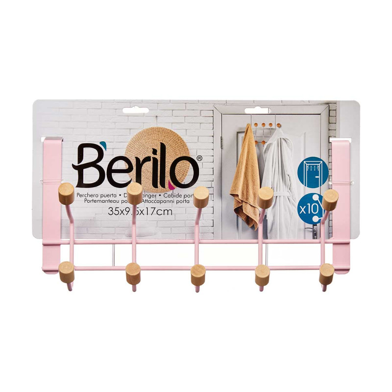 CABIDE DE PORTA EM METAL 10 GANCHOS MADEIRA ROSA