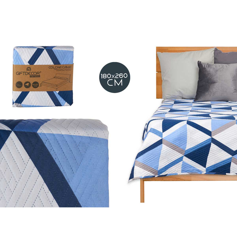 COLCHA CAMA 180X260 TRIANGULOS AZUIS REVERSÍVEL
