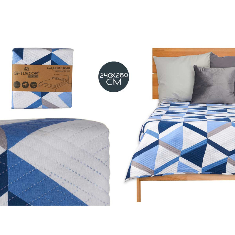 COLCHA CAMA REVERSIBLE 240X260 TRIANGULOS AZULES