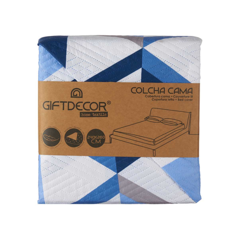 COLCHA CAMA 240X260 TRIANGULOS AZUIS REVERSÍVEL