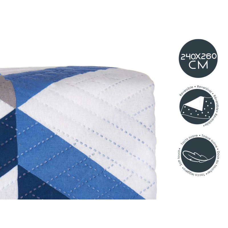 COLCHA CAMA REVERSIBLE 240X260 TRIANGULOS AZULES