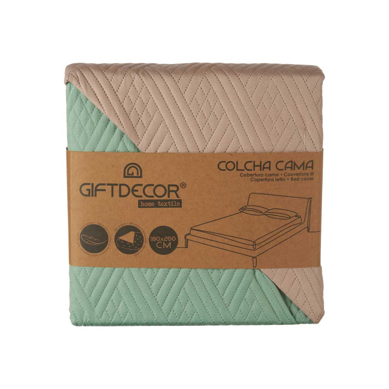 COLCHA CAMA REVERSIBLE 240X260 NATURAL VERDE MAR