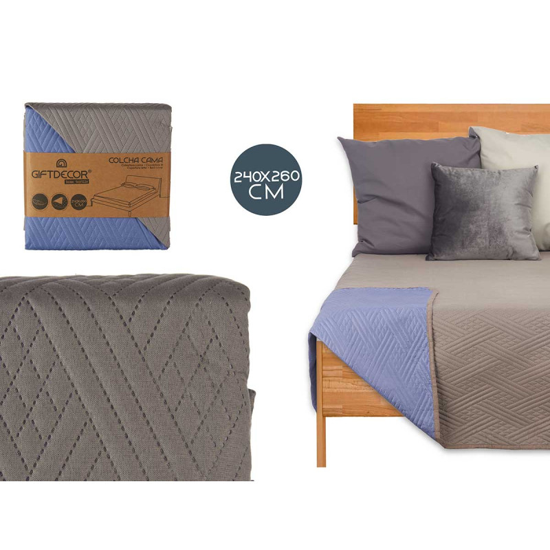 COLCHA CAMA 240X260 CINZENTO ESCURO E AZUL REVERSÍ