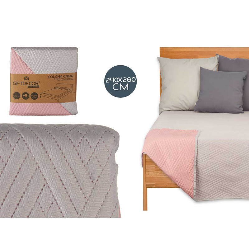 COLCHA CAMA 240X260 CINZENTO CLARO E ROSA