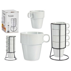 SET FOUR STACKABLE WHITE CUPS WITH BLACK STAND 