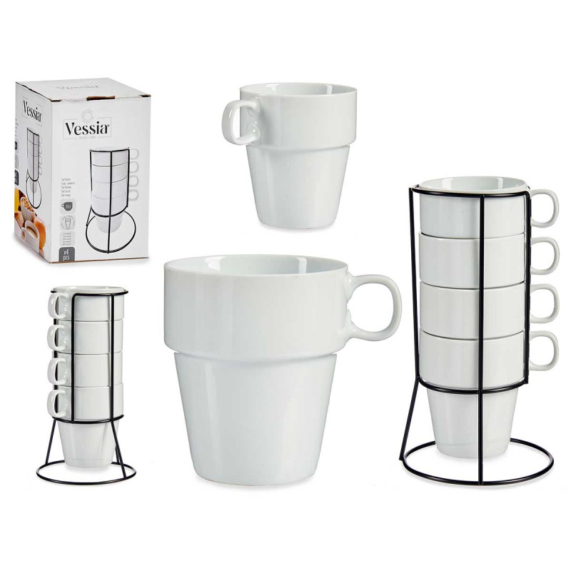 SET FOUR STACKABLE WHITE CUPS WITH BLACK STAND 