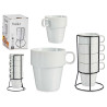 SET FOUR STACKABLE WHITE CUPS WITH BLACK STAND 