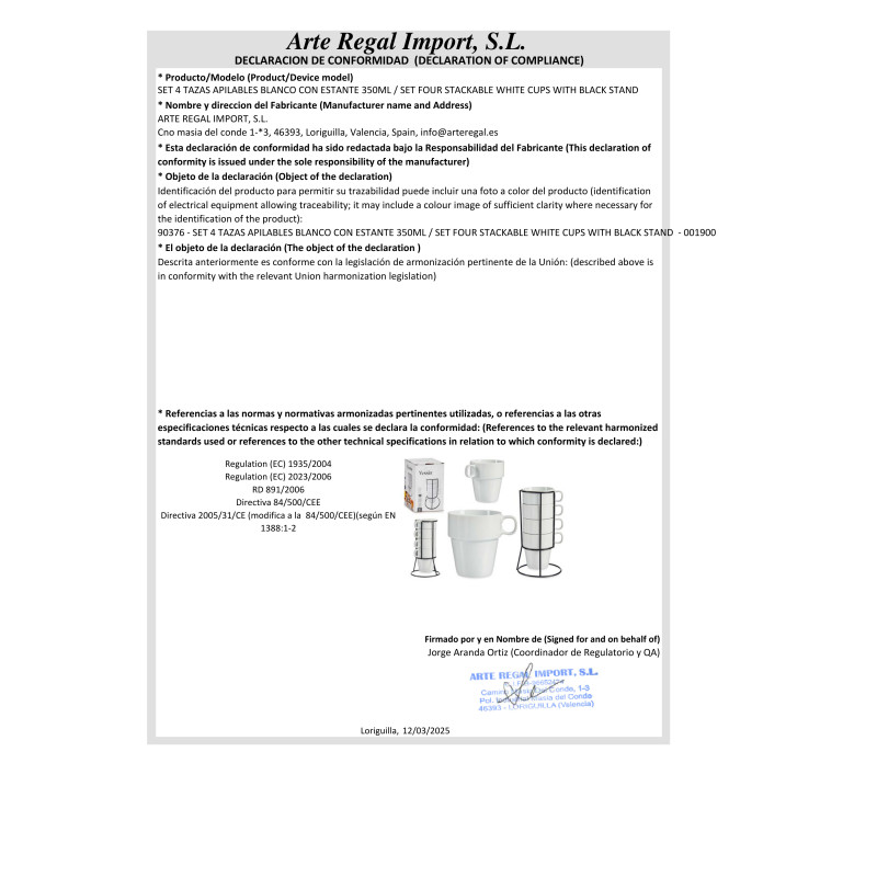 SET 4 TAZAS APILABLES BLANCO CON ESTANTE 350ML