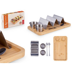 SUPORTE TACOS COM TAÇA PARA MOLHO EM BAMBU E METAL