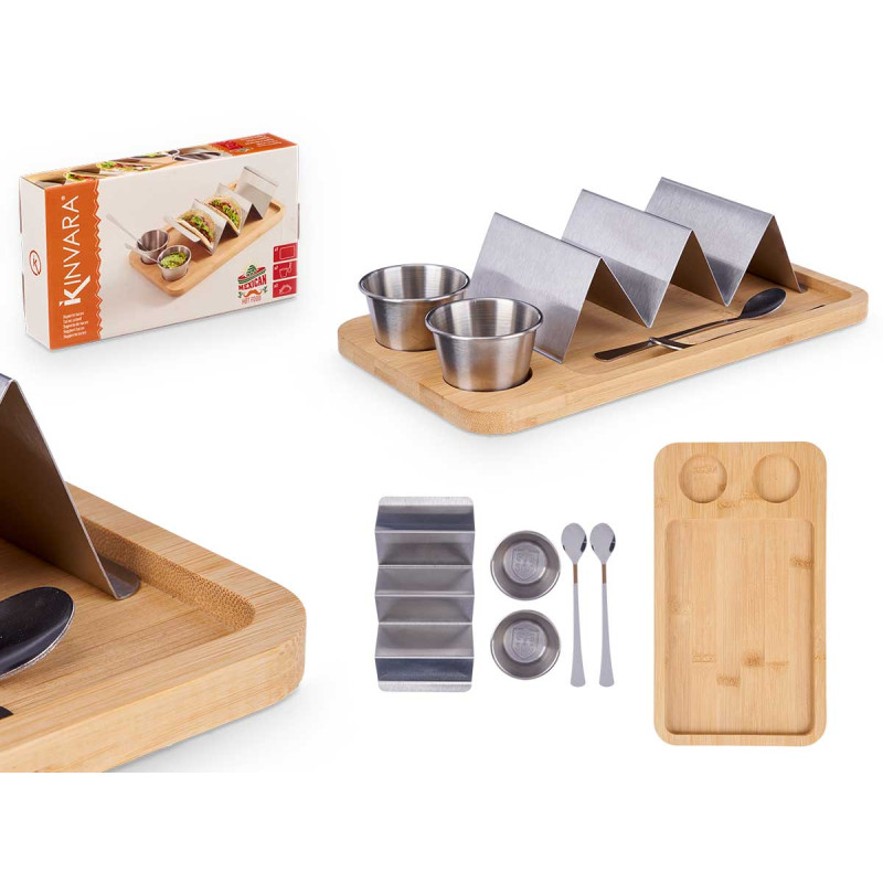 SUPORTE TACOS COM TAÇA PARA MOLHO EM BAMBU E METAL