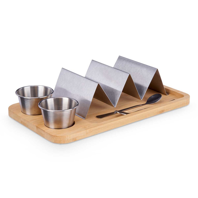 SUPORTE TACOS COM TAÇA PARA MOLHO EM BAMBU E METAL