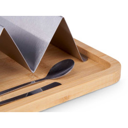 SUPORTE TACOS COM TAÇA PARA MOLHO EM BAMBU E METAL