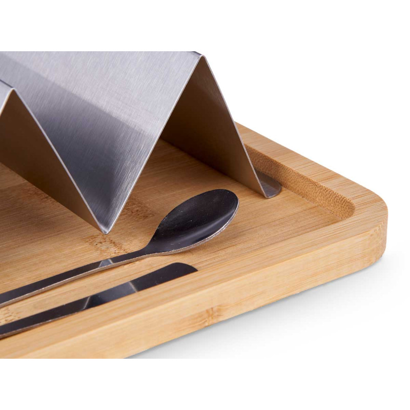 SUPORTE TACOS COM TAÇA PARA MOLHO EM BAMBU E METAL