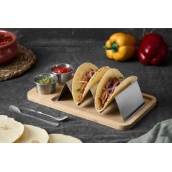 SUPORTE TACOS COM TAÇA PARA MOLHO EM BAMBU E METAL