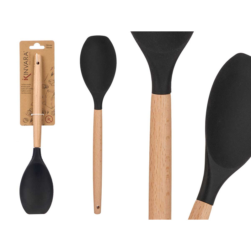 BLACK SOUP SPOON WITH WOODEN HANDLE