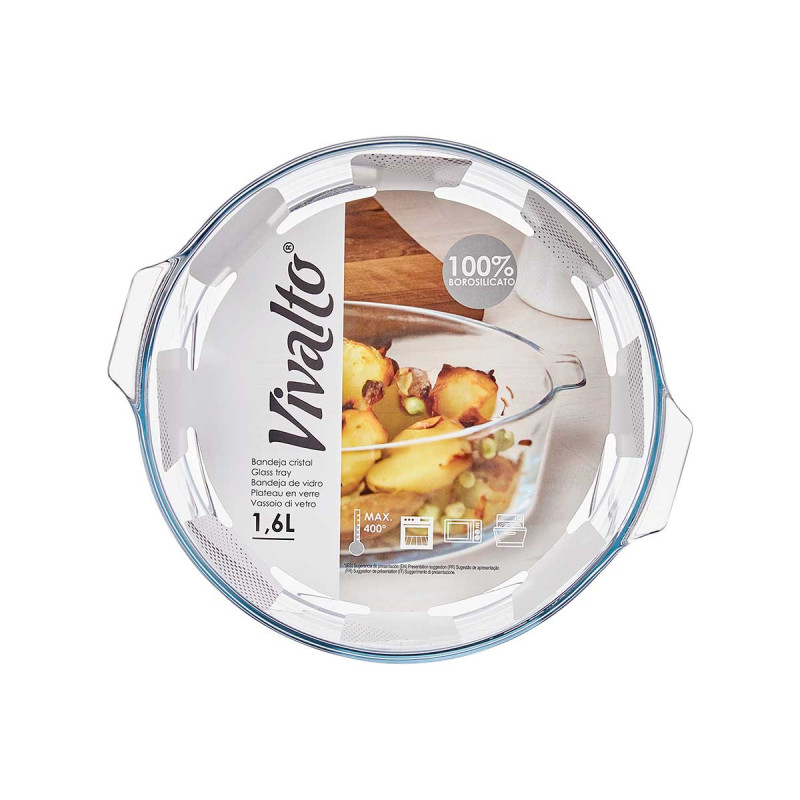 TABULEIRO EM BOROSILICATO REDONDO ASAS 1600ML
