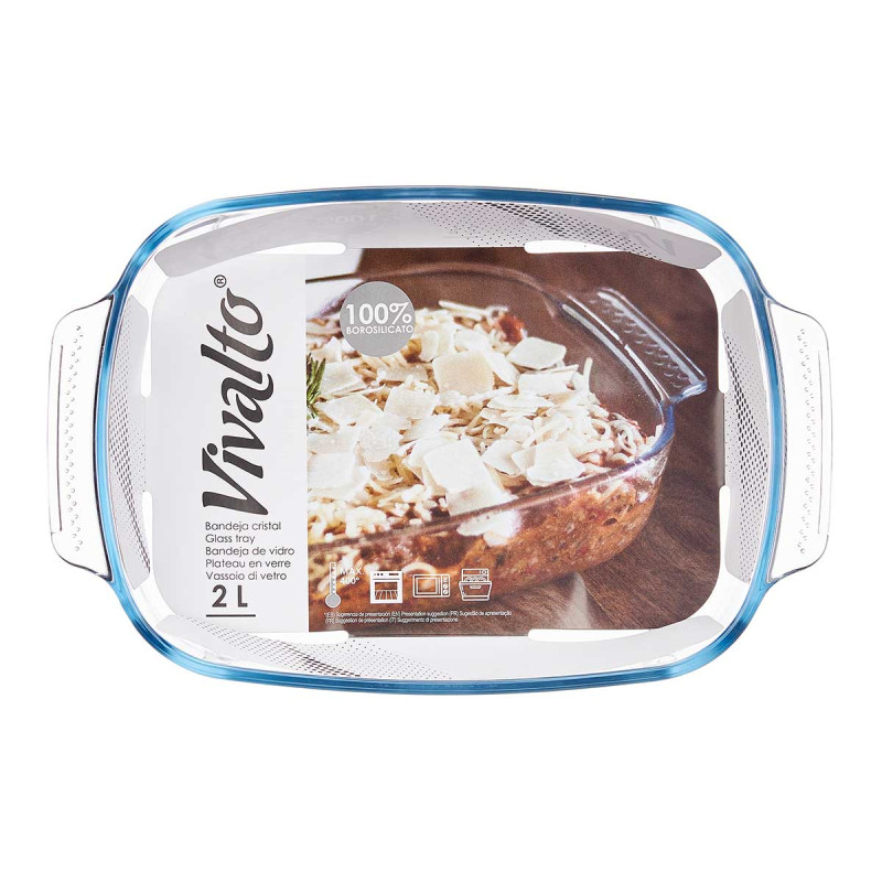 BOROSILICATE RECTANGULAR TRAY WITH HANDLES 2000ML