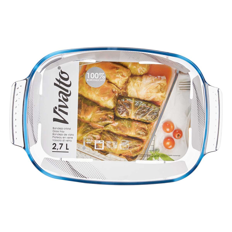 BOROSILICATE RECTANGULAR TRAY WITH HANDLES 2700ML