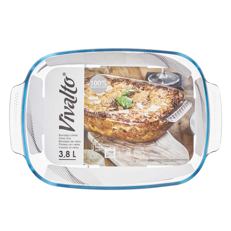 BOROSILICATE RECTANGULAR TRAY WITH HANDLES 3800ML