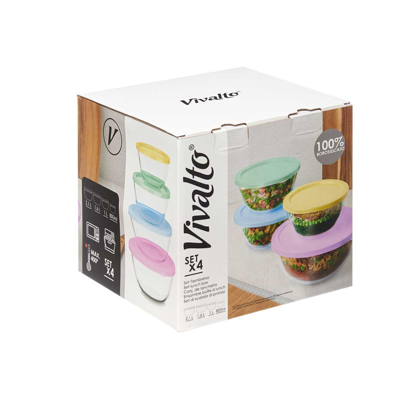 SET 4 BOROS LUNCH BOXES ROUND 800 1000 1600 2100ML