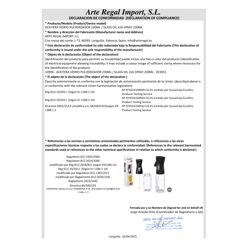 ACEITERA VIDRIO PULVERIZADOR 230ML