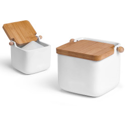 WHITE CERAMIC SALT SHAKER WITH BAMBOO LID