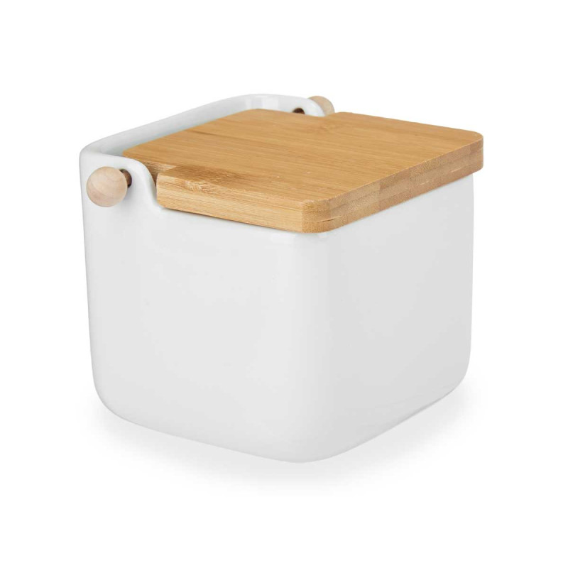 WHITE CERAMIC SALT SHAKER WITH BAMBOO LID