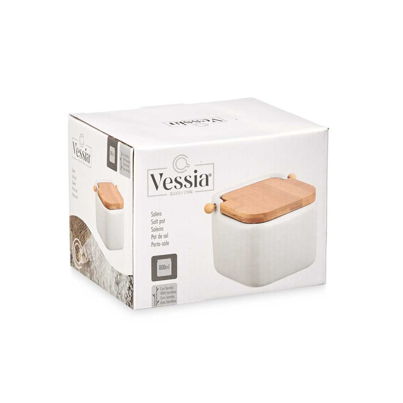 WHITE CERAMIC SALT SHAKER WITH BAMBOO LID