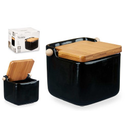 BLACK CERAMIC SALT SHAKER WITH BAMBOO LID
