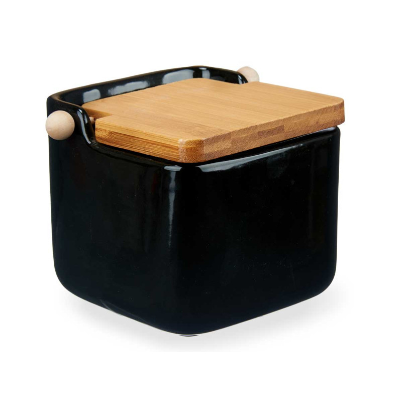 BLACK CERAMIC SALT SHAKER WITH BAMBOO LID