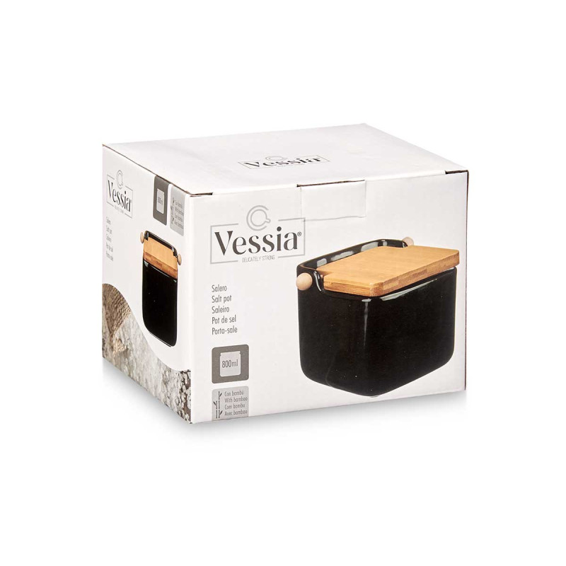 BLACK CERAMIC SALT SHAKER WITH BAMBOO LID
