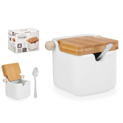 WHITE CERAMIC SUGAR BOWL WITH BAMBOO LID