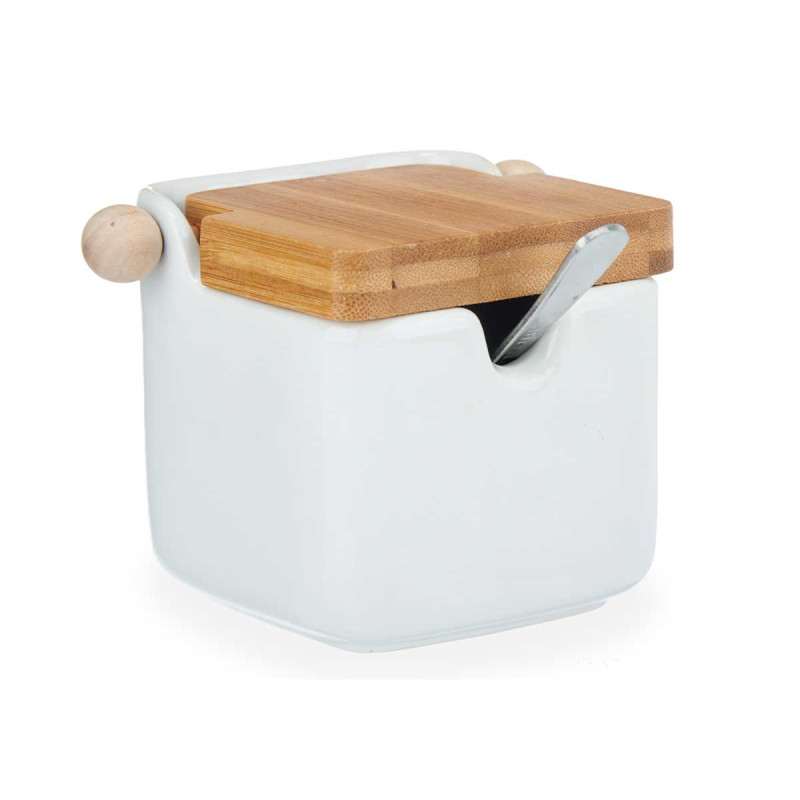 WHITE CERAMIC SUGAR BOWL WITH BAMBOO LID